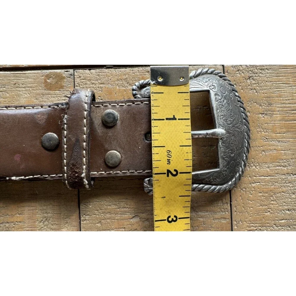 Nocona Mens 32 Western Silver Engraved Buckle Brown Leather Rustic Belt